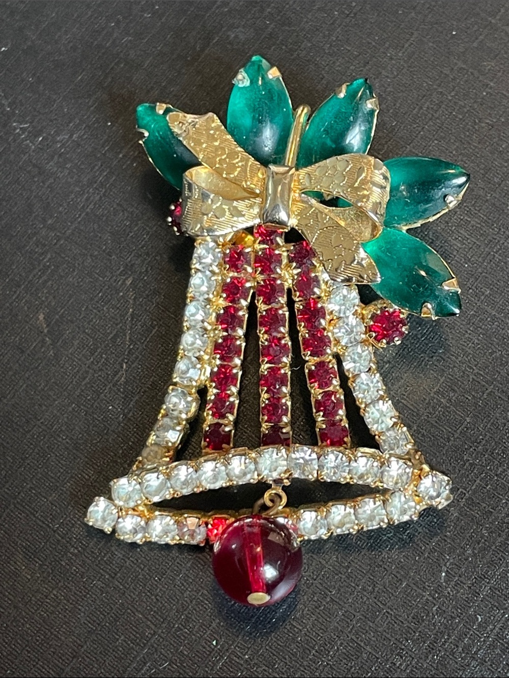 Vintage Christmas Bell Brooch Rhinestone Green Red Bow